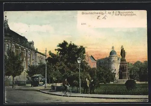 AK Braunschweig, Strassenbahn auf dem Siegesplatz mit Siegessäule