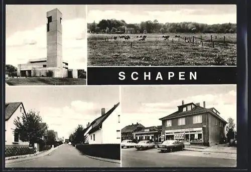 AK Schapen / Braunschweig, Gemischtwarenhandlung, Kirche, Strassenpartie