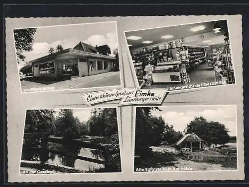 AK Eimke, Kaufhaus Rörup, Innen- und Aussenansicht, alte Schafstelle, an der Gerdau