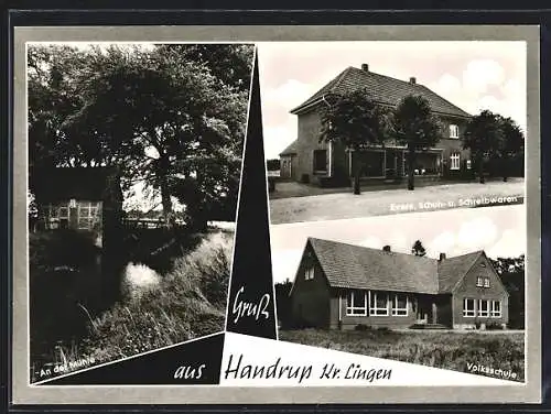 AK Handrup /Lingen, Evers Schuh- u. Schreibwaren, Volksschule, An der Mühle