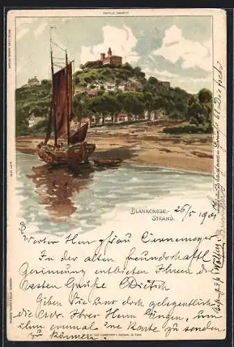 Lithographie Hamburg-Blankenese, Segelboot am Strand