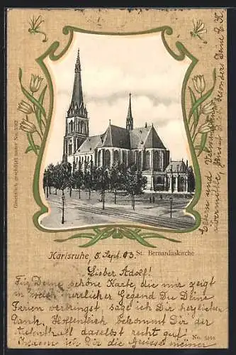 AK Karlsruhe, St. Bernarduskirche im Tulpen-Passepartout