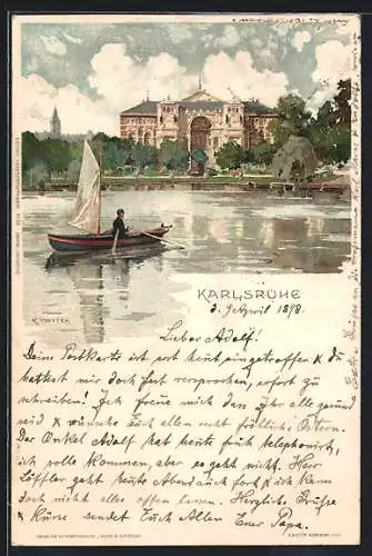 Lithographie Karlsruhe, Segelboot vor dem Schloss