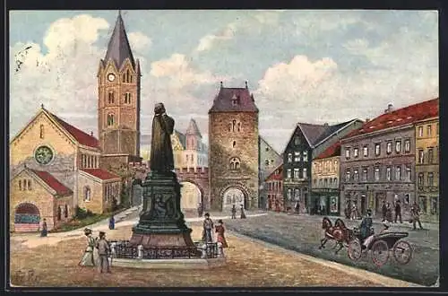 Künstler-AK Eisenach, Blick auf Carlsplatz mit Lutherdenkmal