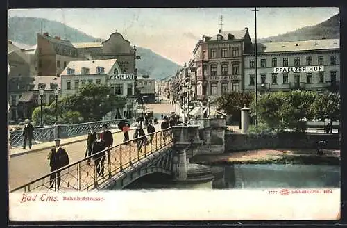 AK Bad Ems, Bahnhofstrasse mit Wiener Cafe und Hotel Pfälzer Hof