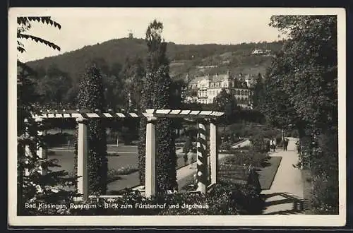 AK Bad Kissingen, Rosarium, Blick zum Fürstenhof und Jagdhaus