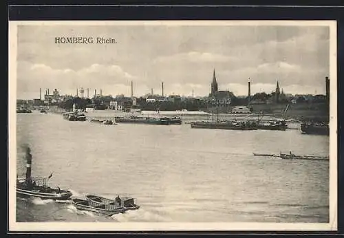 AK Homberg am Rhein, Schiffe vor dem Panorama der Stadt