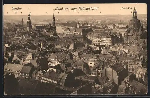 AK Dresden, Blick vom Rathausturm nach Norden, Frauenkirche