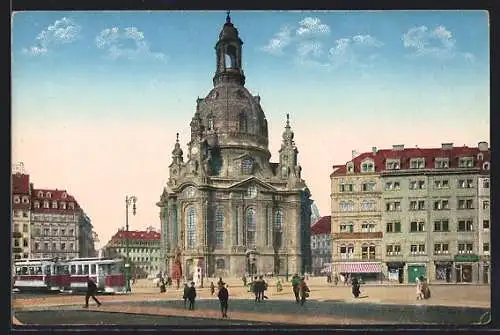AK Dresden, Neumarkt mit Frauenkirche und Strassenbahn