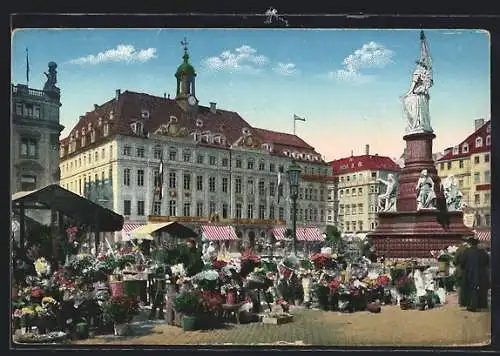 AK Dresden, Altmarkt mit Siegesdenkmal und Blumenmarkt