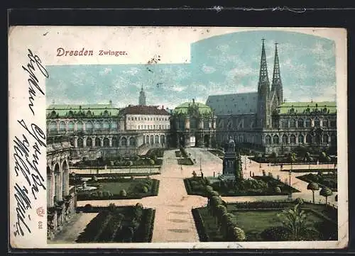AK Dresden, Zwinger mit Kirche und Denkmal