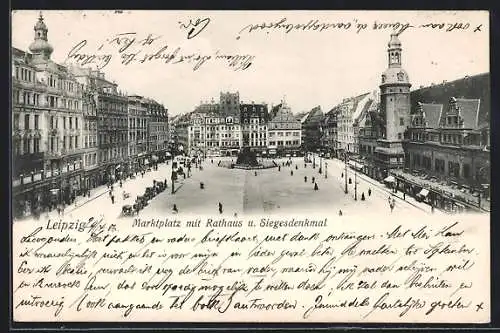 AK Leipzig, Marktplatz mit Rathaus und Siegesdenkmal