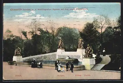 AK Chemnitz, Brunnen mit Schilling`schen Figuren auf dem Theaterplatz
