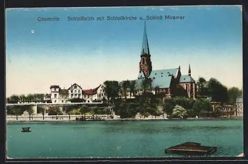 AK Chemnitz, Schlossteich mit Schlosskirche und Schloss Miramar