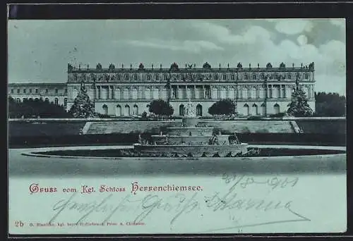 Mondschein-AK Herrenchiemsee, Kgl. Schloss mit Brunnen
