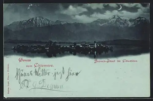 Mondschein-AK Chiemsee, Frauen-Insel mit Bergpanorama