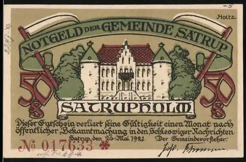 Notgeld Satrup 1921, 50 Pfennig, Schloss Satruholm und traditionelle Kleidung