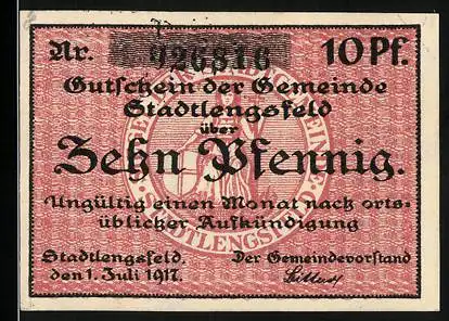 Notgeld Stadtlengsfeld, 1917, Zehn Pfennig, Gutschein der Gemeinde über 10 Pf, rot mit dekorativem Muster