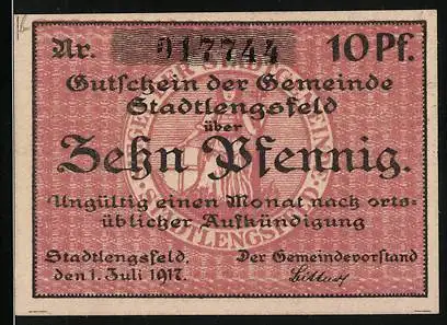 Notgeld Stadtilm, 1917, 10 Pfennig, Gutschein der Gemeinde Stadtilm über Zehn Pfennig, rot, Seriennummer 917744