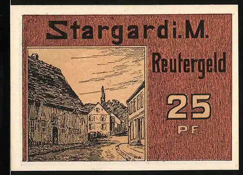 Notgeld Stargard i. M., 1922, 25 Pf., Reutergeld, Stadtansicht und Windmühle