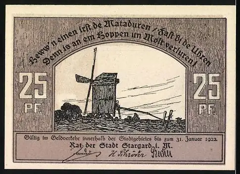 Notgeld Stargard i. M., 1922, 25 Pf., Reutergeld, Stadtansicht und Windmühle