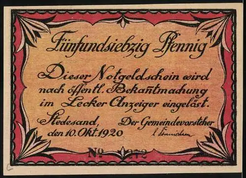 Notgeld Stedesand, 1920, 75 Pfennig, Do wat Du weulst de Püd smak döch und Text mit Datum 10.Okt.1920