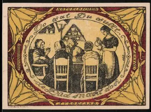 Notgeld Stedesand 1920, 75 Pfennig, Frauen in traditioneller Kleidung beim Stricken und einer Bedienung