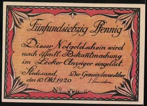 Notgeld Stedesand 1920, 75 Pfennig, Frauen in traditioneller Kleidung beim Stricken und einer Bedienung