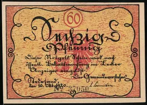 Notgeld Stedesand, 1920, 60 Pfennig, gelber und roter Hintergrund mit schwarzer Schrift, Kindern machen eine Parade