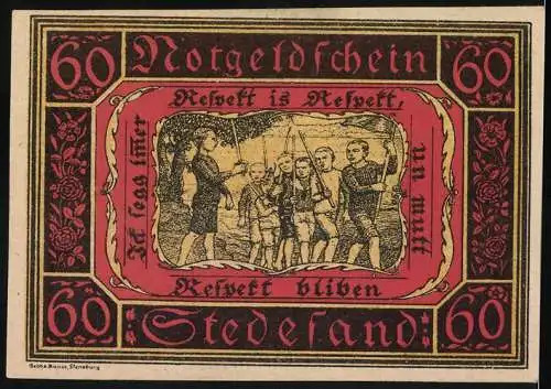 Notgeld Stedesand, 1920, 60 Pfennig, gelber und roter Hintergrund mit schwarzer Schrift, Kindern machen eine Parade