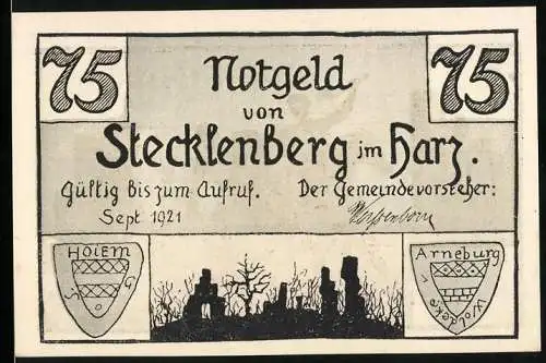 Notgeld Stecklenberg 1921, 75 Pfennig, gültig bis zum Aufruf mit Ruine Lauenburg und Ritterkampf