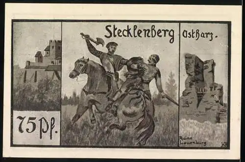 Notgeld Stecklenberg 1921, 75 Pfennig, gültig bis zum Aufruf mit Ruine Lauenburg und Ritterkampf