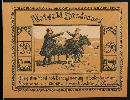 Notgeld Stedesand, 1920, 50 Pfennig, brauner Schein mit ländlicher Szene und Mühle