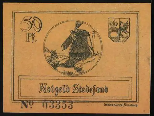 Notgeld Stedesand, 1920, 50 Pfennig, brauner Schein mit ländlicher Szene und Mühle