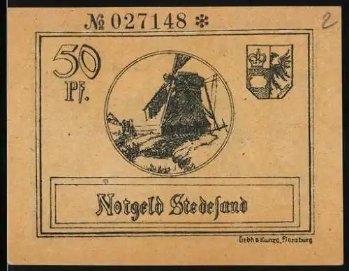 Notgeld Stedesand 1920, 50 Pfennig, Windmühle und Menschen mit Kuh auf Vorder- und Rückseite