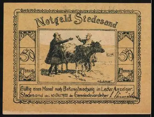 Notgeld Stedesand 1920, 50 Pfennig, Windmühle und Menschen mit Kuh auf Vorder- und Rückseite