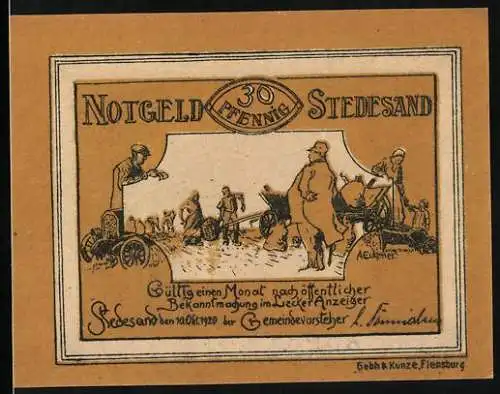 Notgeld Stedesand, 1921, 30 Pfennig, Vorderseite mit Bauern bei der Feldarbeit und offizieller Text, Rückseite mit Text