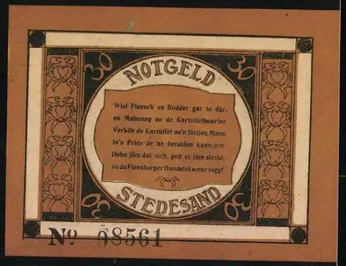 Notgeld Stedesand, 1921, 30 Pfennig, Vorderseite mit Bauern bei der Feldarbeit und offizieller Text, Rückseite mit Text