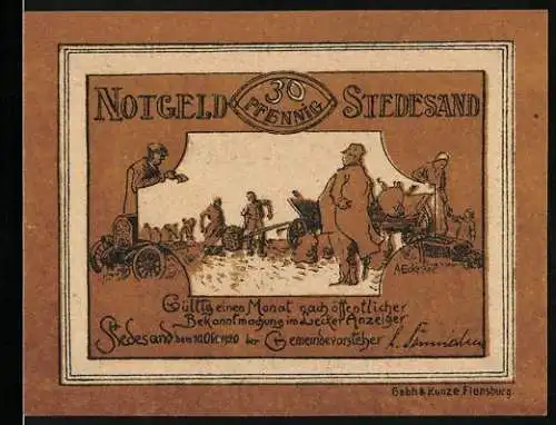 Notgeld Stedesand, 1920, 30 Pfennig, Illustrationen von landwirtschaftlichen Szenen und Gedicht auf der Rückseite