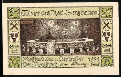 Notgeld Stassfurt 1921, 25 Pfennig, Wiege des Kali-Bergbaues und Stadtwappen mit Bergmann