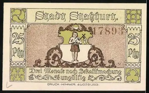 Notgeld Stassfurt 1921, 25 Pfennig, Wiege des Kali-Bergbaues und Stadtwappen mit Bergmann