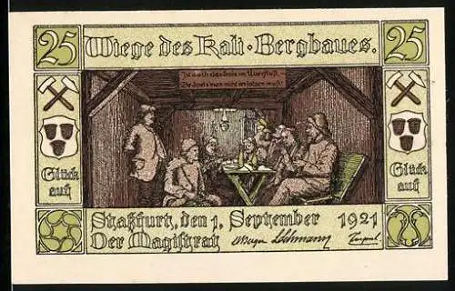 Notgeld Stassfurt, 1921, 25 Pfennig, Wiege des Kali-Bergbaues, Stadtwappen, drei Monate nach Bekanntmachung ungültig