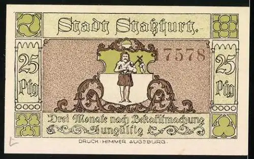 Notgeld Stassfurt, 1921, 25 Pfennig, Wiege des Kali-Bergbaues, Stadtwappen, drei Monate nach Bekanntmachung ungültig