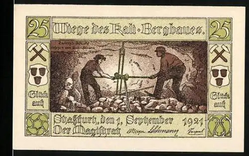 Notgeld Stassfurt 1921, 25 Pfennig, Wiege des Kali-Bergbaues, Bergarbeiter-Szene und Stadtwappen