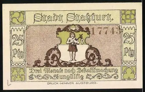 Notgeld Stassfurt 1921, 25 Pfennig, Wiege des Kali-Bergbaues, Bergarbeiter-Szene und Stadtwappen