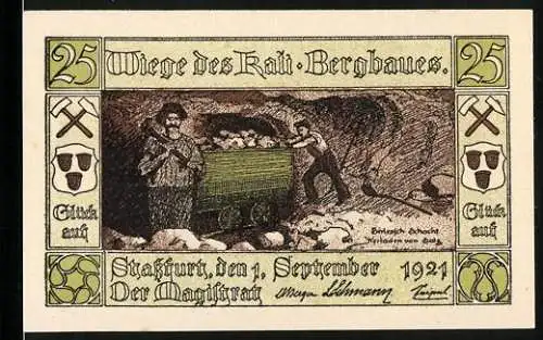 Notgeld Stassfurt 1921, 25 Pfennig, Wiege des Kali-Bergbaues, Bergarbeiter mit Lore und Stadtwappen