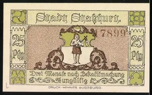 Notgeld Stassfurt 1921, 25 Pfennig, Wiege des Kali-Bergbaues, Bergarbeiter mit Lore und Stadtwappen