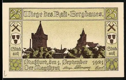 Notgeld Stassfurt 1921, 25 Pfennig, Wiege des Kalibergbaues mit Stadtansicht und Wappen