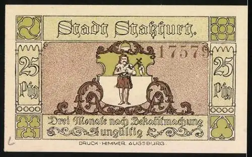 Notgeld Stassfurt 1921, 25 Pfennig, Wiege des Kalibergbaues mit Stadtansicht und Wappen