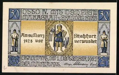 Notgeld Stassfurt, 1921, 50 Pfennig, Stadtwappen und historische Szene mit Otto IV